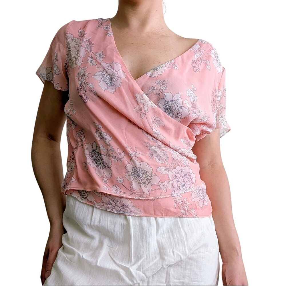 Vintage 90s Whimsy Boho Pink Floral Plunging Draping Silk Blouse - Picture 2 of 7